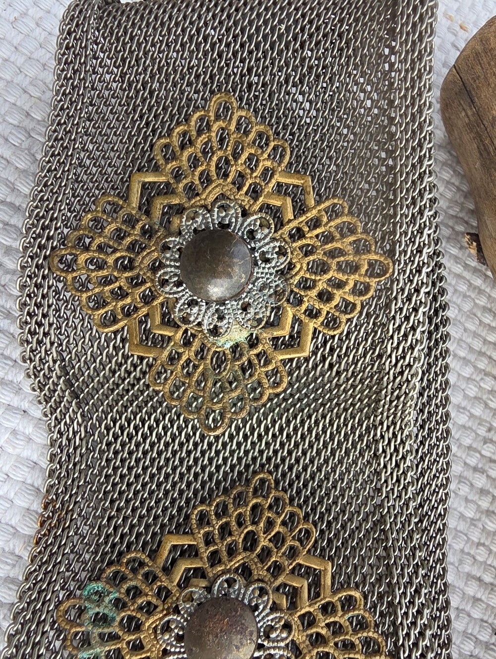 Vintage Moroccan-style antique brass and gunmetal metal mesh statement belt